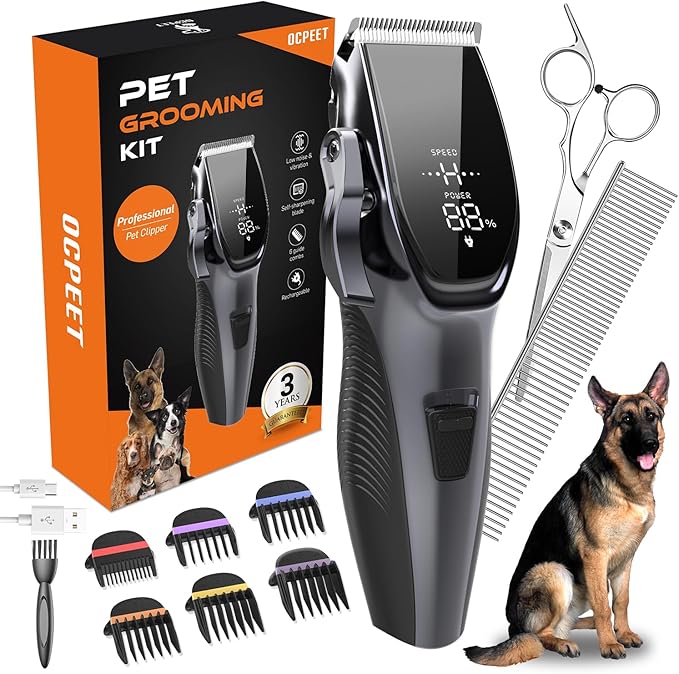 Dog Grooming Kit Low Noise，Cordless 4 in 1 Dog Clippers for Grooming Rechargeable Pet Cat Trimmer with 2 Speed,6 Guards,Scissors,Comb for Small Medium Large Pets Dogs Cats Thick Hair Cutting (Pewter)