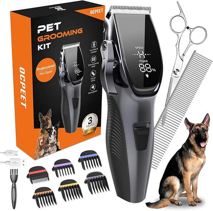 Dog Grooming Kit Low Noise，Cordless 4 in 1 Dog Clippers for Grooming Rechargeable Pet Cat Trimmer with 2 Speed,6 Guards,Scissors,Comb for Small Medium Large Pets Dogs Cats Thick Hair Cutting (Pewter)