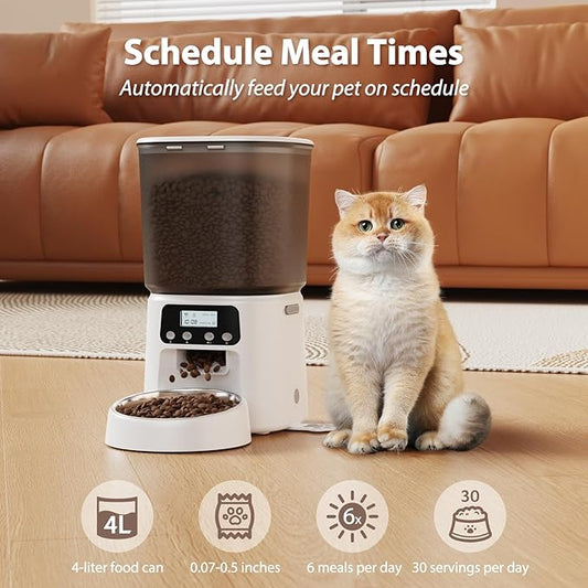 Automatic Cat Feeder, 4L Timed Dry Food Dispenser with Stainless Steel Bowl, Pet Food Feeder for Cats & Small Dogs, Programmable for 6 Meals & 30 Portions Per Day, 10S Voice Record, Dual Power, White