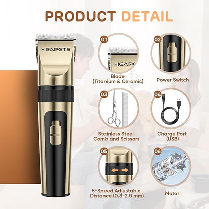 Dog Grooming Clippers, Low Noise, Electric Quiet, Adjustable Clipper Comb, Rechargeable Cordless Dog Hair Clippers for Dogs Cats Pets, Gold