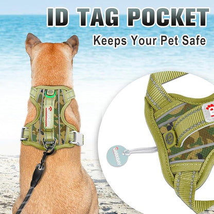 BARKBAY No Pull Dog Harness Large Reflective Dog Harness with Front Clip and Easy Control Handle for Walking Training Running with ID tag Pocket(Camo,XS)