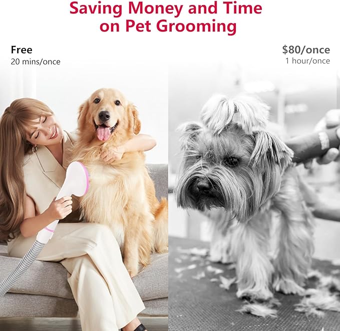 IDEALHOUSE Dog Hair Vacuum and Grooming Kit, 2L Dust Cup with 5 Grooming Tools, High Suction Power for Shedding Pet Hair, Low Noise for Stress-Free Grooming, Home Cleaning, White and Cherry Blossom