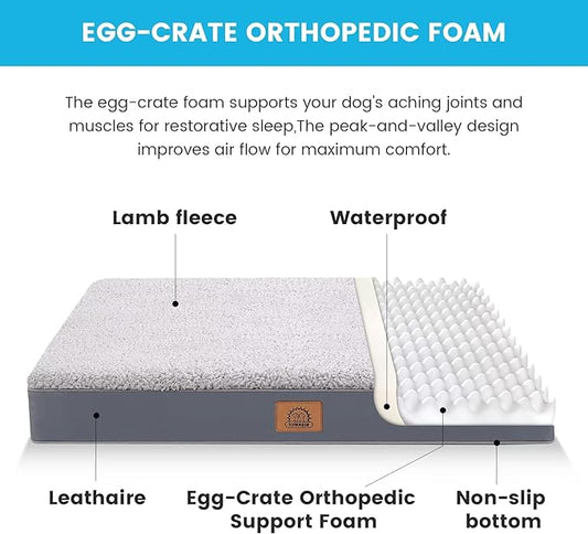 Extra Large Orthopedic Dog Bed for Big Dogs - XL Waterproof Dog Bed with Removable Washable Cover & Anti-Slip Bottom, Crate Bed, Deluxe Plush Pet Bed Mat (Grey)