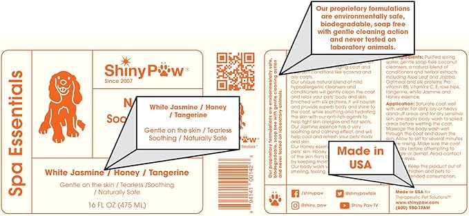 Jasmine & Honey Spa Body Wash for Dogs by Shiny Paw 16 oz | Dog Itchy Skin Relief & Aging Coat | Hypoallergenic Dog Shampoo for Smelly Dogs | Made in USA