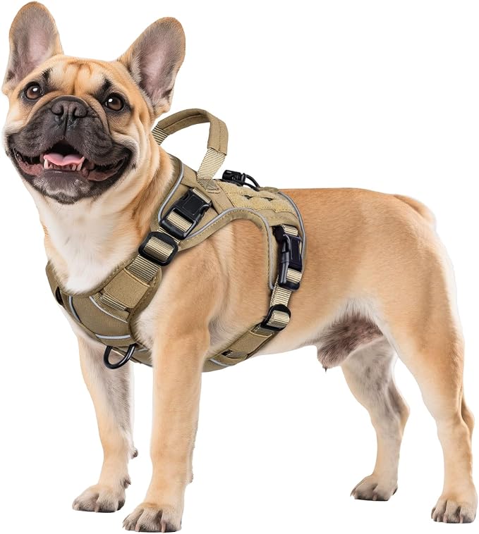 WINGOIN Tactical Dog Harness for Small Dogs, Heavy Duty No Pull Harness with Handle, Adjustable Reflective Military K9 Pet Vest for French Bulldog, Pug, Walking, Training, Hunting, Khaki (S)