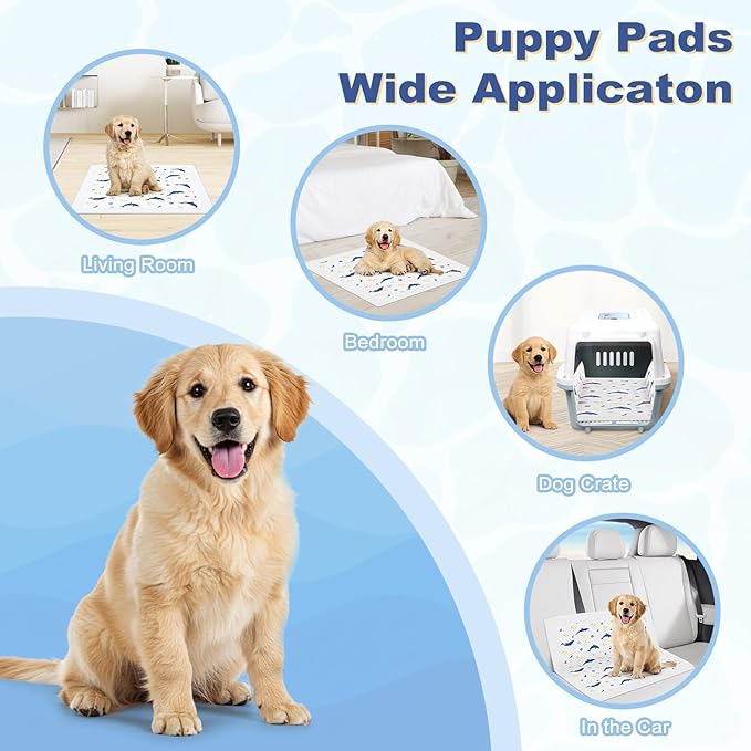 MIZOK Puppy Pads, 22"x22" Dolphin Print Dog Pee Pads with Adhesive Tabs, 6-Layer Leak-Proof Super Absorbent, Quick-Dry Disposable (50 Count)