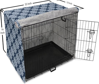 Lunarable Damask Blue Dog Crate Cover, Abstract Antique Royal Motif with Leaves and Swirls, Easy to Use Pet Kennel Cover for Small Dogs Puppies Kittens, 22 Inch, Ceil Blue Violet Blue