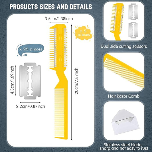 Yinkin 5 Pieces Razor Comb for Dogs Hair Grooming Trimmer for Pet Razor Comb with 25 Extra Blades Manual Dog Hair Trimmer Double Edge for Cats Hair Cutting Tool(Yellow)