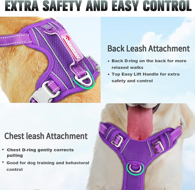 BARKBAY No Pull Dog Harness Large Reflective Dog Harness with Front Clip and Easy Control Handle for Walking Training Running with ID tag Pocket(Purple,L)