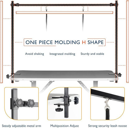 LEIBOU 45'' Height Adjustable(23''~33.8'') and Foldable Pet Dog Grooming Table Heavy Duty Iron Frame with H-Shape Grooming Arm & 3 Noose, Maximum Capacity Up to 260lbs, Black