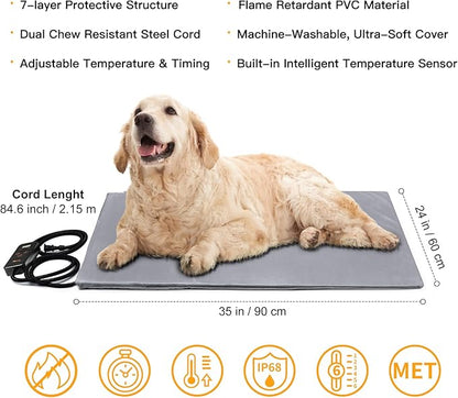 Toozey Pet Heating Pad, 6 Adjustable Temperature Dog Cat Heating Pad with Timer, Indoor Pet Heating Pads for Cats Dogs with Chew Resistant Cord, Electric Pads for Dogs Cats, Pet Heated Mat