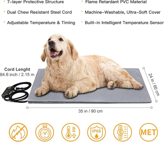 Toozey Pet Heating Pad, 6 Adjustable Temperature Dog Cat Heating Pad with Timer, Indoor Pet Heating Pads for Cats Dogs with Chew Resistant Cord, Electric Pads for Dogs Cats, Pet Heated Mat