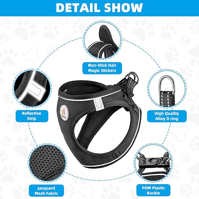 Dog Harness and Leash Set, No Pull Soft Mesh Puppy Harness for Small Medium Dogs, Cats - Step in Reflective Breathable Lightweight Vest Harness for Walking, Training - Black, S