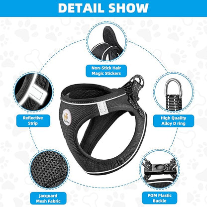 Dog Harness and Leash Set, No Pull Soft Mesh Puppy Harness for Small Medium Dogs, Cats - Step in Reflective Breathable Lightweight Vest Harness for Walking, Training - Black, L