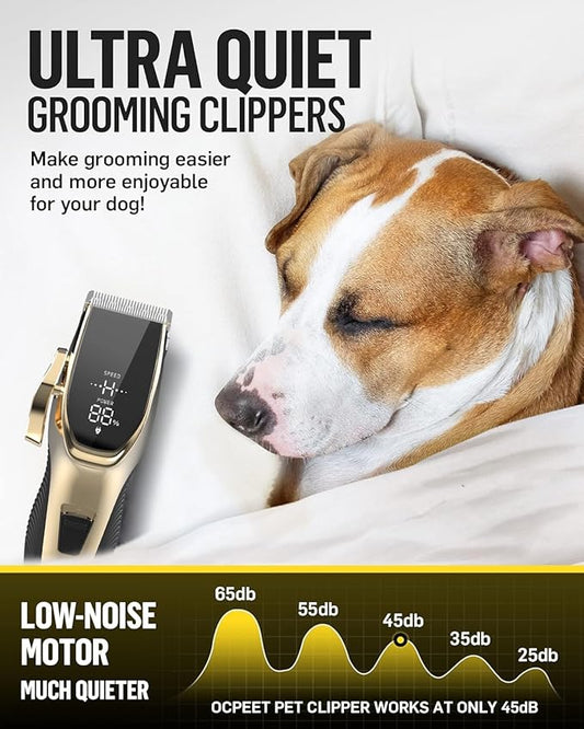Dog Grooming Kit Low Noise，Cordless 4 in 1 Dog Clippers for Grooming Rechargeable Pet Cat Trimmer with 2 Speed,6 Guards,Scissors,Comb for Small Medium Large Pets Dogs Cats Thick Hair Cutting(Gold)