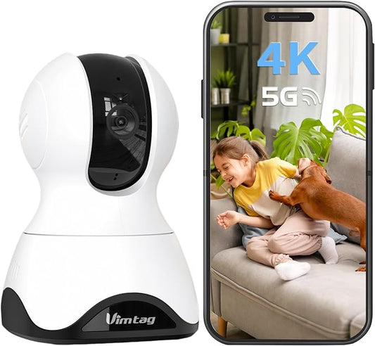 VIMTAG 4K UHD Indoor Camera 5G/2.4G WiFi Pet/Dog/Cat/Nanny Cam, 360° Baby Monitor with Phone App & Speaker for Home Security, Motion Tracking, Free AI Detection & Alarm, Night Vision, SD/Cloud Storage