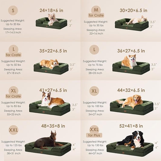 EHEYCIGA Orthopedic Dog Beds for Large Dogs, Waterproof Memory Foam Large Dog Bed with Sides, Non-Slip Bottom and Egg-Crate Foam Large Dog Couch Bed with Washable Removable Cover, Dark Green