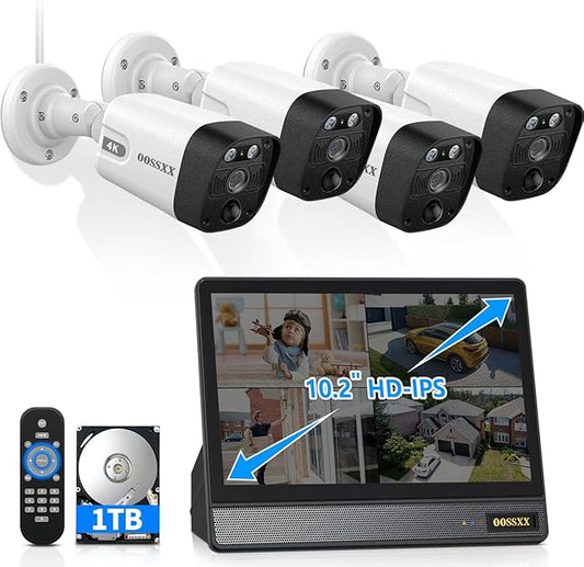 OOSSXX (All-in-One 10.1" IPS 8MP Monitor) 2-Way Audio PoE Outdoor Home Security Camera System Wired Outdoor Video Surveillance IP Cameras System