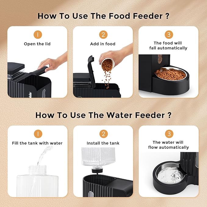 Gravity Cat Food and Water Dispenser Set with 304 Stainless Steel Bowls, 2 in 1 Automatic Cat Feeder with 180 Degree Rotatable Water Bowl, Large Capacity for Puppy Kitten Rabbits, Grey
