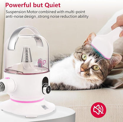 IDEALHOUSE Dog Hair Vacuum and Grooming Kit, 2L Dust Cup with 5 Grooming Tools, High Suction Power for Shedding Pet Hair, Low Noise for Stress-Free Grooming, Home Cleaning, White and Cherry Blossom