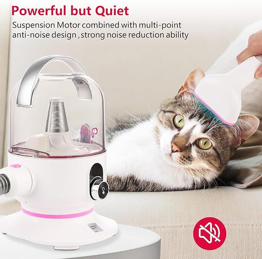 IDEALHOUSE Dog Hair Vacuum and Grooming Kit, 2L Dust Cup with 5 Grooming Tools, High Suction Power for Shedding Pet Hair, Low Noise for Stress-Free Grooming, Home Cleaning, White and Cherry Blossom