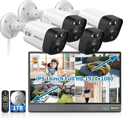 OOSSXX (All-in-One 16" IPS 8MP Monitor) 2-Way Audio PoE Outdoor Home Security Camera System Wired Outdoor Video Surveillance IP Cameras System