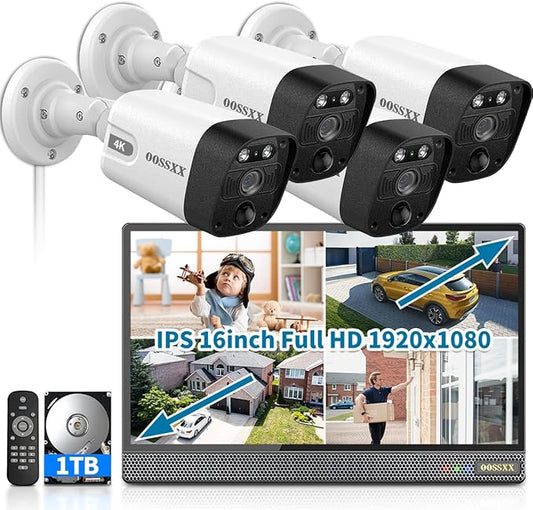 OOSSXX (All-in-One 16" IPS 8MP Monitor) 2-Way Audio PoE Outdoor Home Security Camera System Wired Outdoor Video Surveillance IP Cameras System