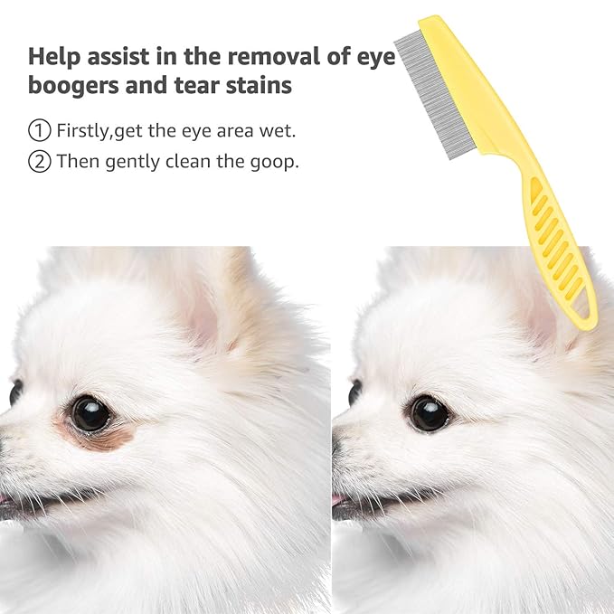 Flea Comb for Cats Dog Comb Lice Comb Metal Teeth Durable Tear Stain Dog Combs Remove Float Hair Combing Tangled Hair Dandruff Pet Comb Grooming Set 3 Pieces Add Storage Pouch (Yellow)
