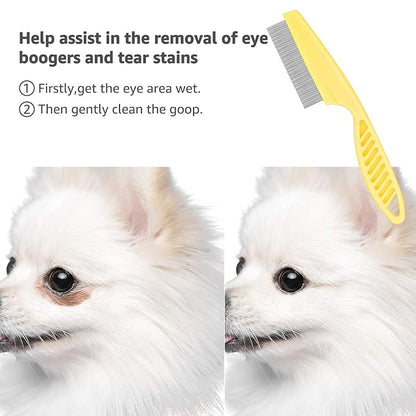 Flea Comb for Cats Dog Comb Lice Comb Metal Teeth Durable Tear Stain Dog Combs Remove Float Hair Combing Tangled Hair Dandruff Pet Comb Grooming Set 3 Pieces Add Storage Pouch (Yellow)