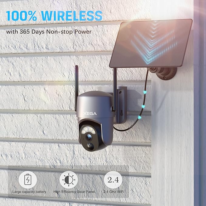 Xega 4 Pack Security Camera Wireless Outdoor 2K 360° PTZ Camera Solar Security Cameras 2.4G WiFi Video Surveillance w/Spotlight & Siren, Color Night Vision, AI Motion Detection, 2-Way Talk, IP66