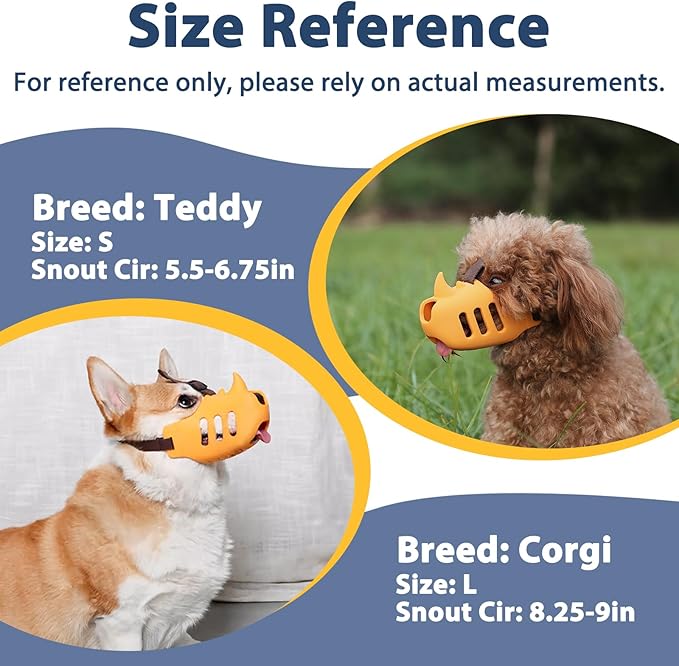LUCKYPAW Dog Muzzle, Soft Muzzle for Small Medium Dogs Poodle Dachshund, Breathable Silicone Cage Mouth Cover to Prevent Biting and Chewing, Funny Rhino Muzzle with Adjustable Head Strap(Yellow, S)