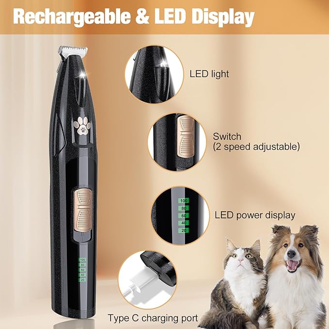 Dog Grooming Kit with LED Display, Low Noise Pet Clippers, Cordless Dog Hair Trimmer for Paws, Ears, Face, Rump with LED Light (Streamer Black)