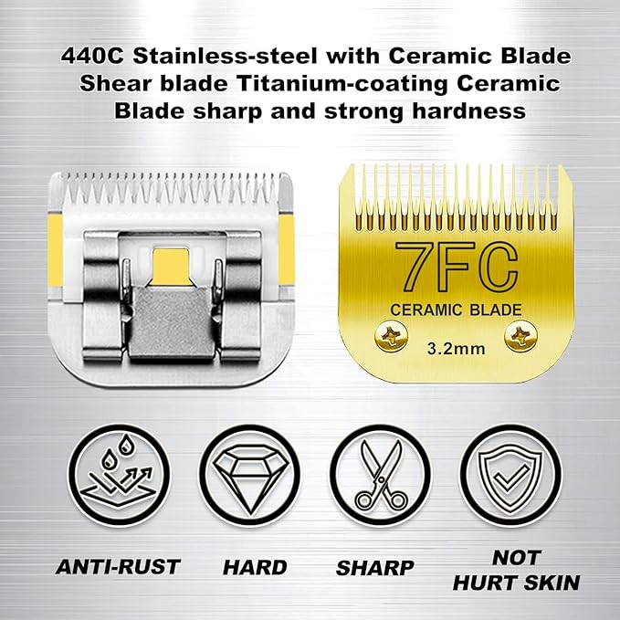 Docal 7FC Pet Dog Grooming Detachable Blades, Compatible with Andis Size-7FC Cut Length 1/8"(3.2mm), Most A5, KM Series Clippers,Made of Ceramic Blade & Stainless Steel Blade Golden
