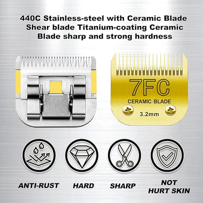 Docal 7FC Pet Dog Grooming Detachable Blades, Compatible with Andis Size-7FC Cut Length 1/8"(3.2mm), Most A5, KM Series Clippers,Made of Ceramic Blade & Stainless Steel Blade Golden