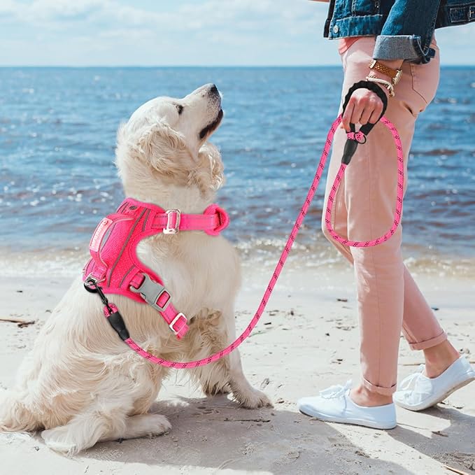 BARKBAY No Pull Dog Harness 3 Buckles Large Reflective Dog Harness with Front Clip and Easy Control Handle for Walking Training Running with ID tag Pocket(Pink,M)