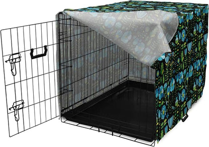 Lunarable Floral Dog Crate Cover, Abstract Flower Bouquets Dragonflies Ladybugs Butterflies on Dark, Easy to Use Pet Kennel Cover for Medium Large Dogs, 36 Inch, Blue Green and Charcoal Grey