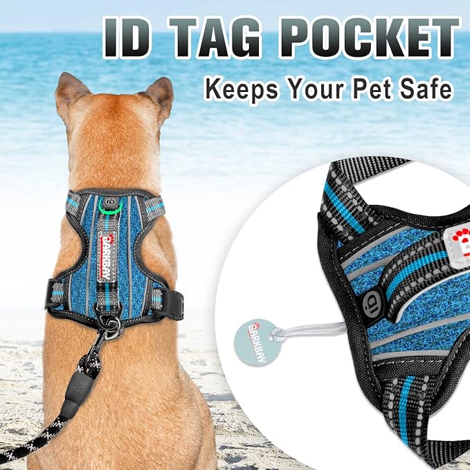 BARKBAY No Pull Dog Harness Large Reflective Dog Harness with Front Clip and Easy Control Handle for Walking Training Running with ID tag Pocket(Blue/Black,M)