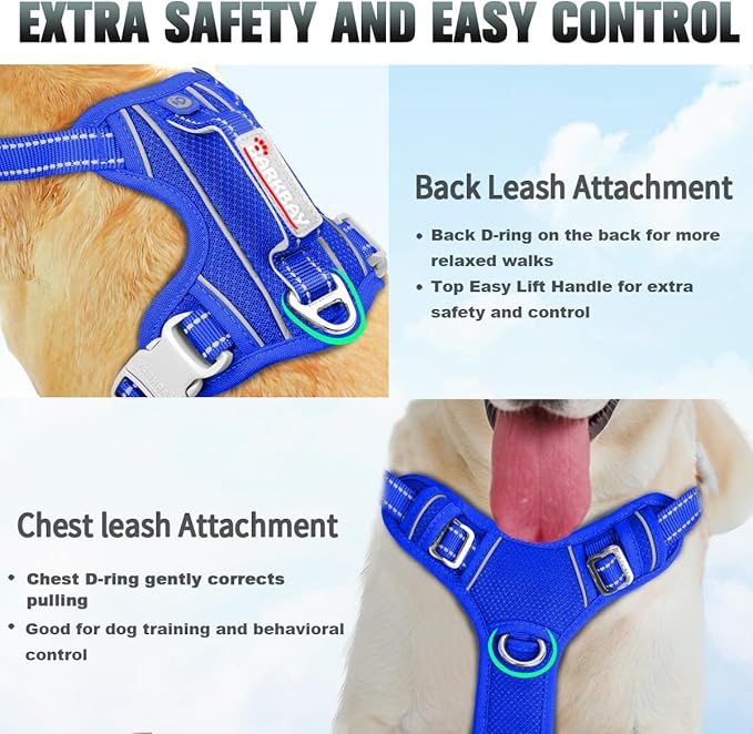 BARKBAY No Pull Dog Harness Large Reflective Dog Harness with Front Clip and Easy Control Handle for Walking Training Running with ID tag Pocket(Sapphire Blue,S)
