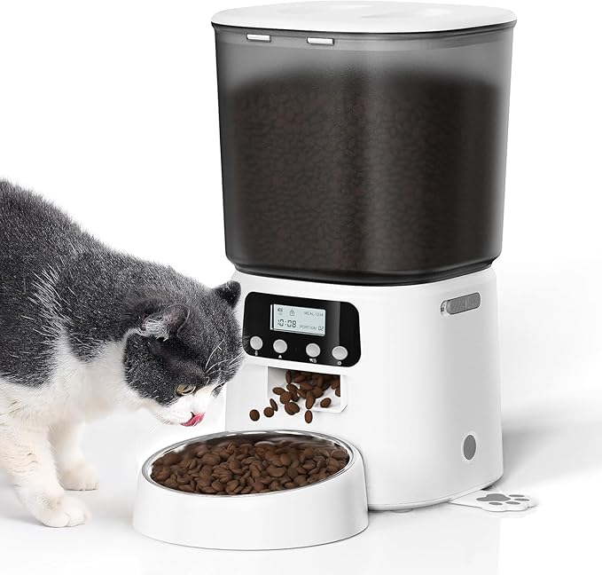 Automatic Cat Feeder, 4L Timed Dry Food Dispenser with Stainless Steel Bowl, Pet Food Feeder for Cats & Small Dogs, Programmable for 6 Meals & 30 Portions Per Day, 10S Voice Record, Dual Power, White