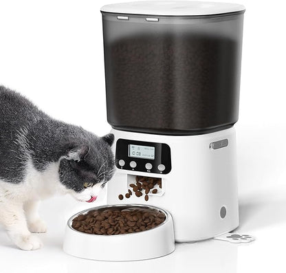Automatic Cat Feeder, 4L Timed Dry Food Dispenser with Stainless Steel Bowl, Pet Food Feeder for Cats & Small Dogs, Programmable for 6 Meals & 30 Portions Per Day, 10S Voice Record, Dual Power, White