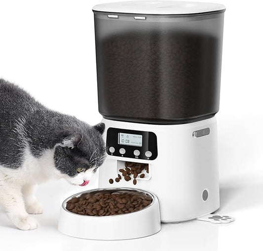 Automatic Cat Feeder, 4L Timed Dry Food Dispenser with Stainless Steel Bowl, Pet Food Feeder for Cats & Small Dogs, Programmable for 6 Meals & 30 Portions Per Day, 10S Voice Record, Dual Power, White