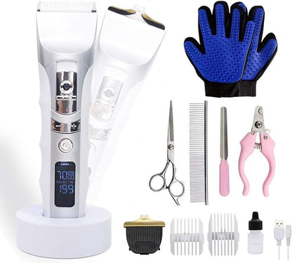 JAKEMY Dog Clippers Low Noise Pet Clippers Rechargeable Dog Trimmer Cordless Pet Grooming Tool with Pet Glooming Glove Comb Guides Scissors Nail Kits LED Screen for Dogs Cats & Others