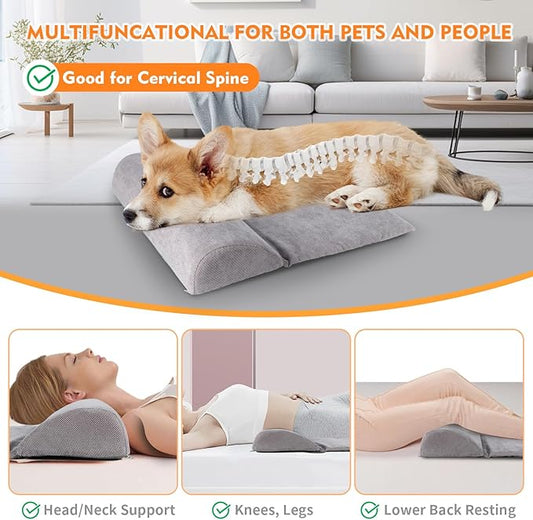 Dog Bolster Pillow with High Resilience Foam, Headrest for Large Dogs, Benefit for Cervical Vertebra and Neck, Easy to Carry, Machine Washable Cover＆Easy to Clean(Grey)