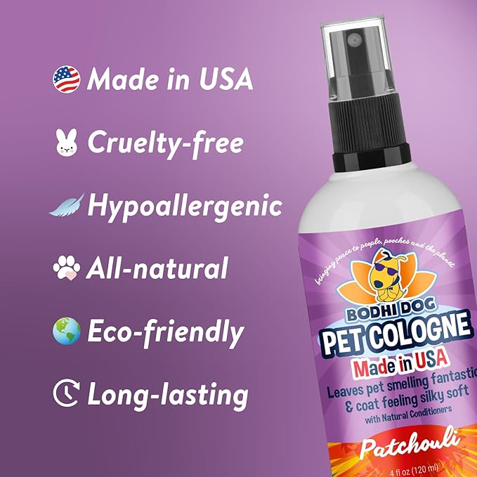 Bodhi Dog Natural Dog Cologne (Patchouli) - Premium Scented Deodorizing Pet Perfume with Conditioner for Dogs & Cats - Keeps Pets Fresh & Clean - Gentle and Safe Formula, Made in USA (4 Fl Oz)