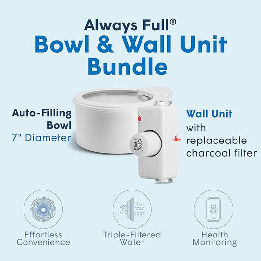 Always Full® 7" Pet Water Bowl and Wall Unit Bundle – Self-Refilling, Clean Filtered Water, Easy Home Connection, App-Enabled Hydration Tracking, Cat and Dog Water Bowls