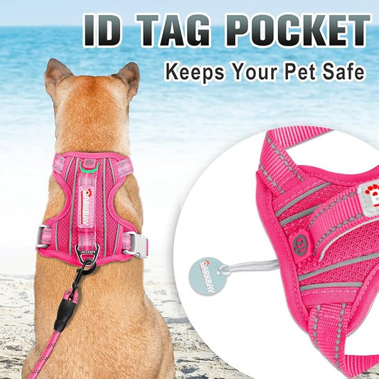 BARKBAY No Pull Dog Harness Large Reflective Dog Harness with Front Clip and Easy Control Handle for Walking Training Running with ID tag Pocket(Pink,XS)