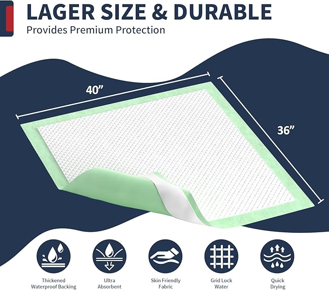 Extra Large Bed Pads with Adhesive Strips 40'' X 36'' Disposable Underpads for Incontinence (30 Pads) Ultra-Absorbent & Leak-Proof Chucks Pads for Adults, Elderly and Kids