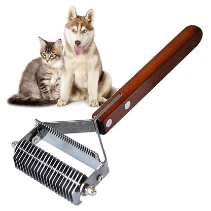Dematting Comb for Dogs,Undercoat Rake for Dogs Cats 2-in-1 Stainless Steel Shedding Brush with Antislip Wooden Handle Pet Grooming Brush Effective for Cat Tangles Hair
