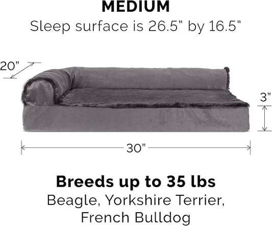 Furhaven Memory Foam Dog Bed for Medium/Small Dogs w/ Removable Bolsters & Washable Cover, For Dogs Up to 35 lbs - Plush & Velvet L Shaped Chaise - Platinum Gray, Medium