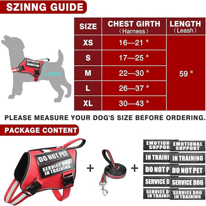 Service Dog Vest Harness and Leash Set+10 Patches,No Pull&Adjustable Reflective Dog Harness with Soft Padded Handle for Training/Everyday,Fit Small/Medium/Large/Extra-Large Dogs(Red XL)